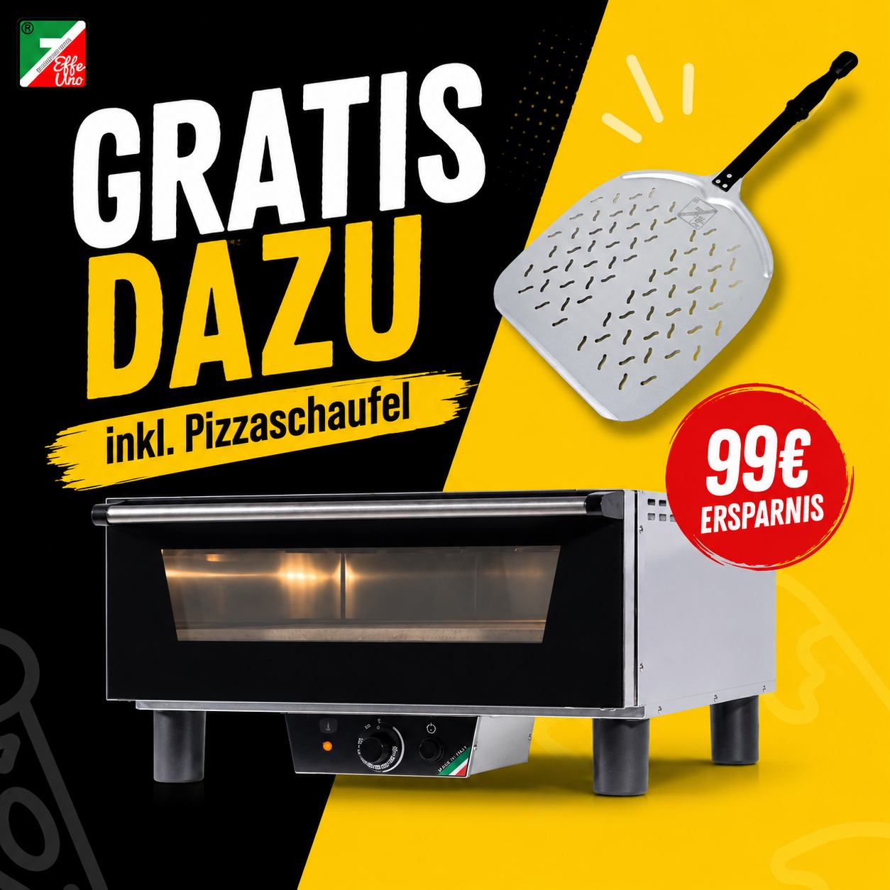 Werbebild zur EffeUno-Sommeraktion für den EffeOvens N5 Pizzaofen mit Gratiszubehör und 99 Euro Ersparnis.